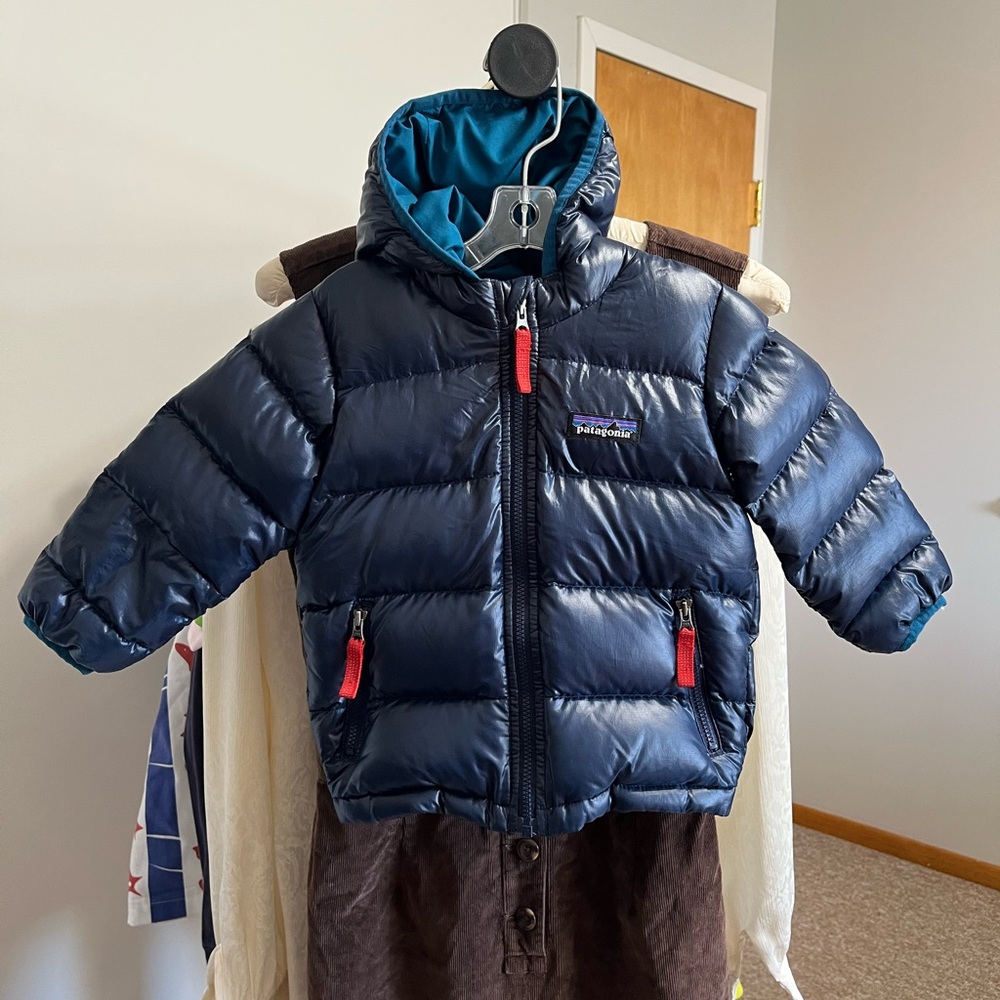 Patagonia Baby Hi-Loft Down Hoody Navy Puffer Jacket with Teal Lining